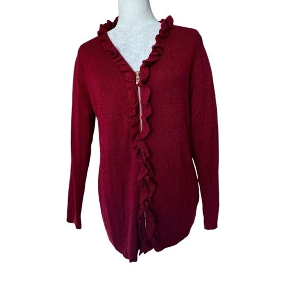 Belle by Kim Gravel Red Cardigan Metallic Thread Ruffle Zip Up SZ M NWT - Picture 16 of 16